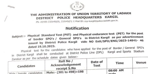 District Kargil Police notifies PST, PET for SPO aspirants