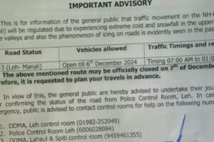 Closure of Leh-Manali NH3 Route from December 7, 2024